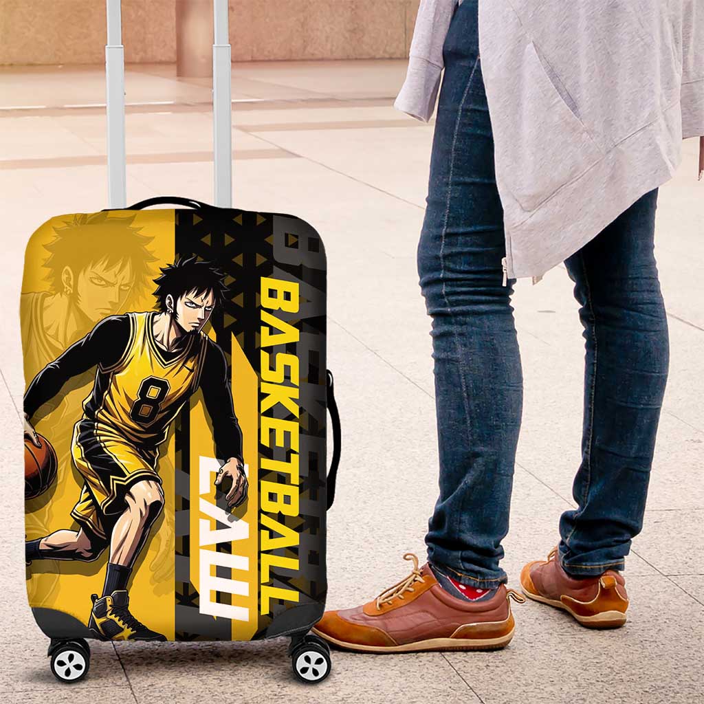 Trafalgar Law One Piece Basketball Theme Yellow and Black Design Luggage Cover with Heart Pirates Emblem and Action Pose - The Mazicc