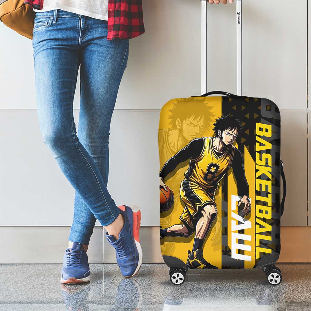 Trafalgar Law One Piece Basketball Theme Yellow and Black Design Luggage Cover with Heart Pirates Emblem and Action Pose - The Mazicc