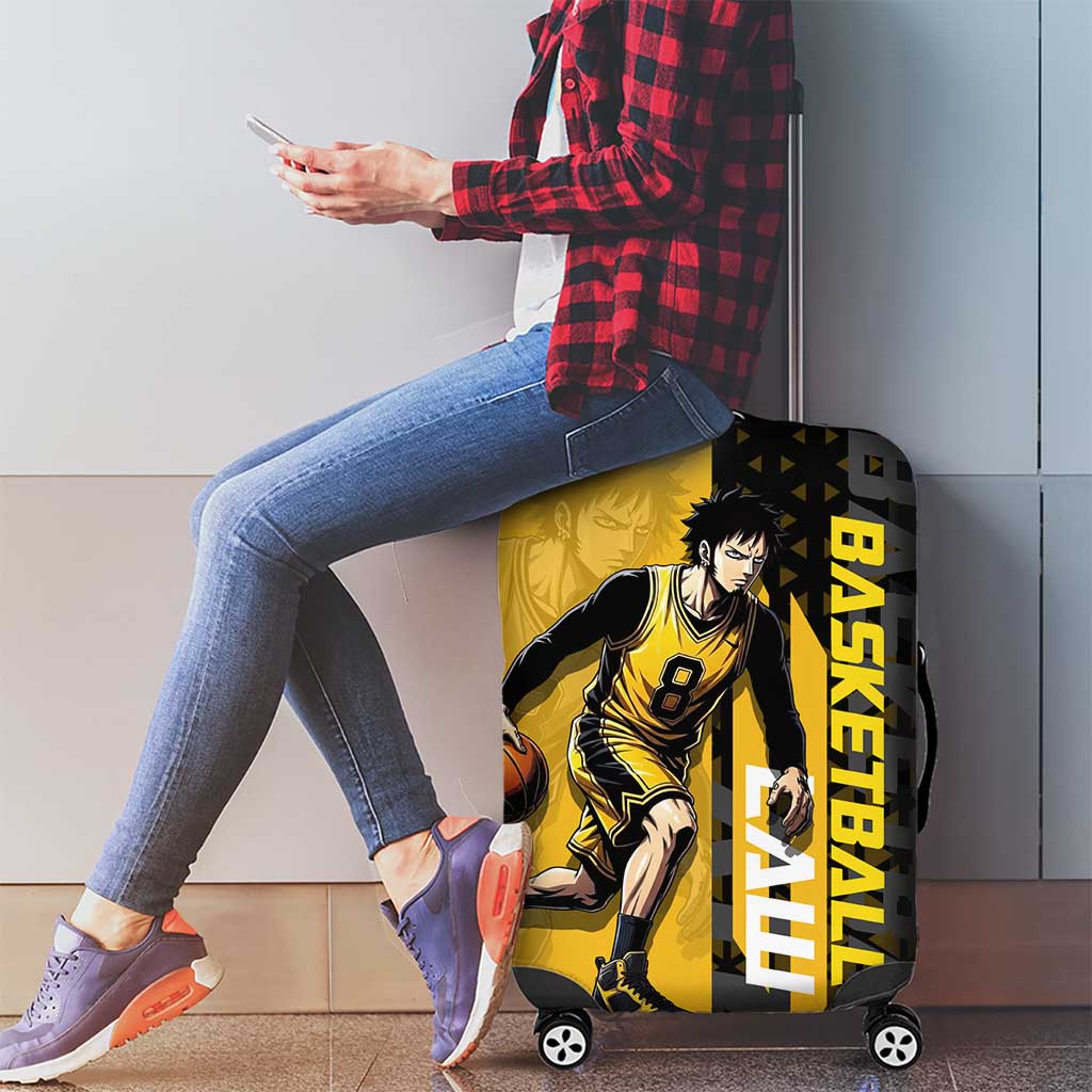 Trafalgar Law One Piece Basketball Theme Yellow and Black Design Luggage Cover with Heart Pirates Emblem and Action Pose - The Mazicc