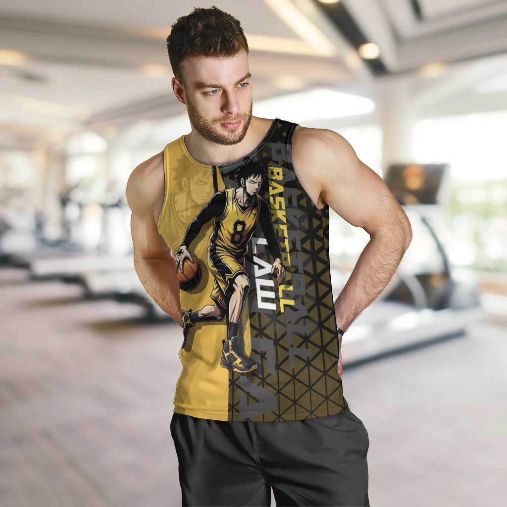 Trafalgar Law One Piece Basketball Theme Yellow and Black Design Men Tank Top with Heart Pirates Emblem and Action Pose - The Mazicc