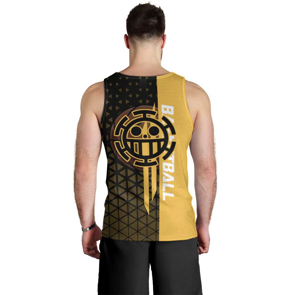Trafalgar Law One Piece Basketball Theme Yellow and Black Design Men Tank Top with Heart Pirates Emblem and Action Pose - The Mazicc