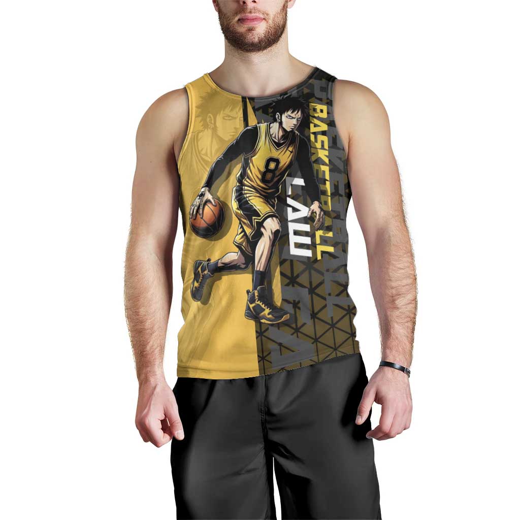 Trafalgar Law One Piece Basketball Theme Yellow and Black Design Men Tank Top with Heart Pirates Emblem and Action Pose - The Mazicc