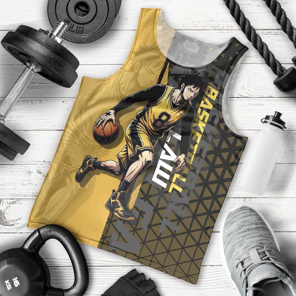 Trafalgar Law One Piece Basketball Theme Yellow and Black Design Men Tank Top with Heart Pirates Emblem and Action Pose - The Mazicc