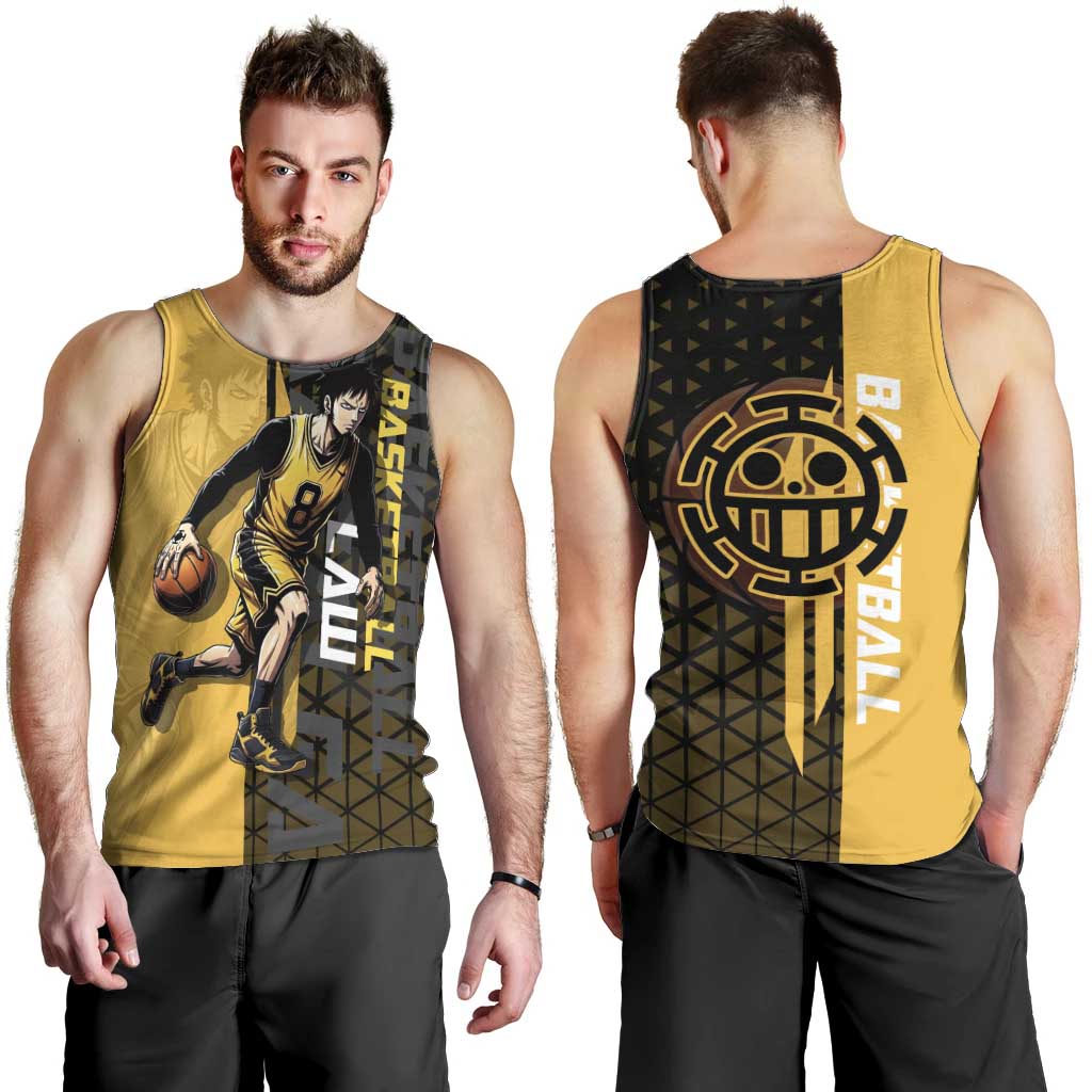 Trafalgar Law One Piece Basketball Theme Yellow and Black Design Men Tank Top with Heart Pirates Emblem and Action Pose - The Mazicc