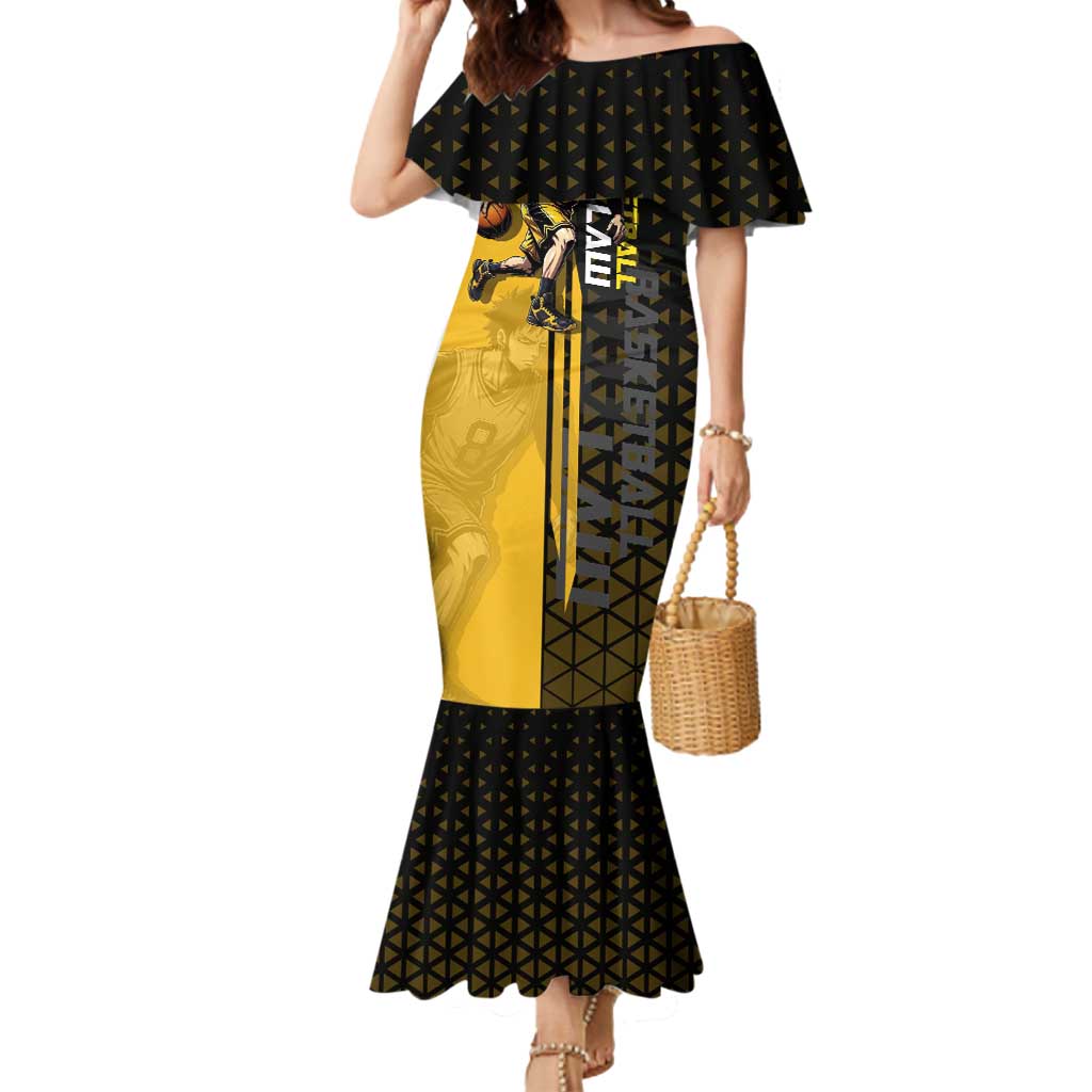 Trafalgar Law One Piece Basketball Theme Yellow and Black Design Mermaid Dress with Heart Pirates Emblem and Action Pose - The Mazicc