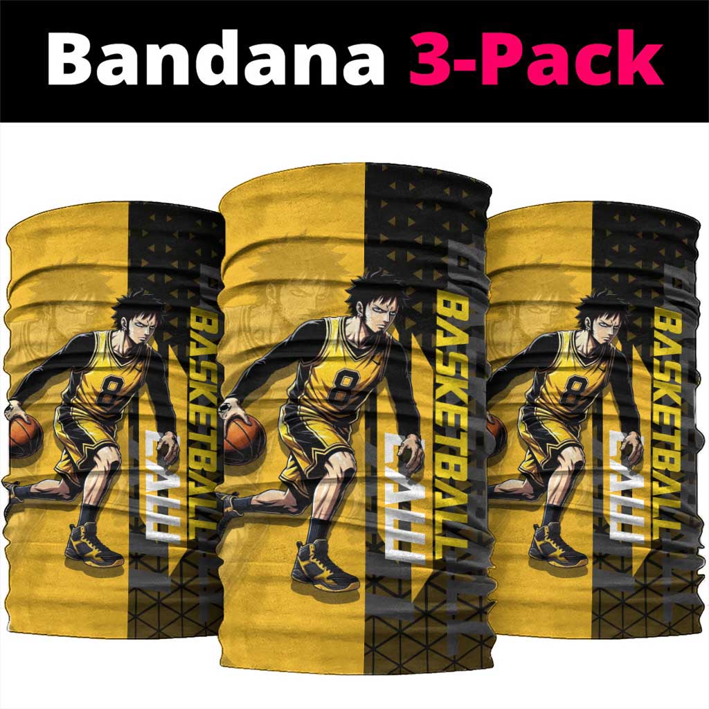 Trafalgar Law One Piece Basketball Theme Yellow and Black Design Neck Gaiter with Heart Pirates Emblem and Action Pose - The Mazicc