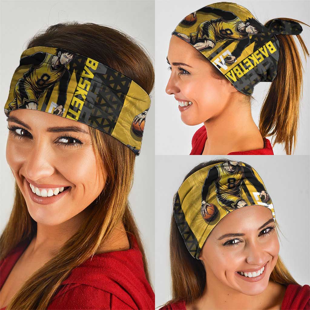 Trafalgar Law One Piece Basketball Theme Yellow and Black Design Neck Gaiter with Heart Pirates Emblem and Action Pose - The Mazicc