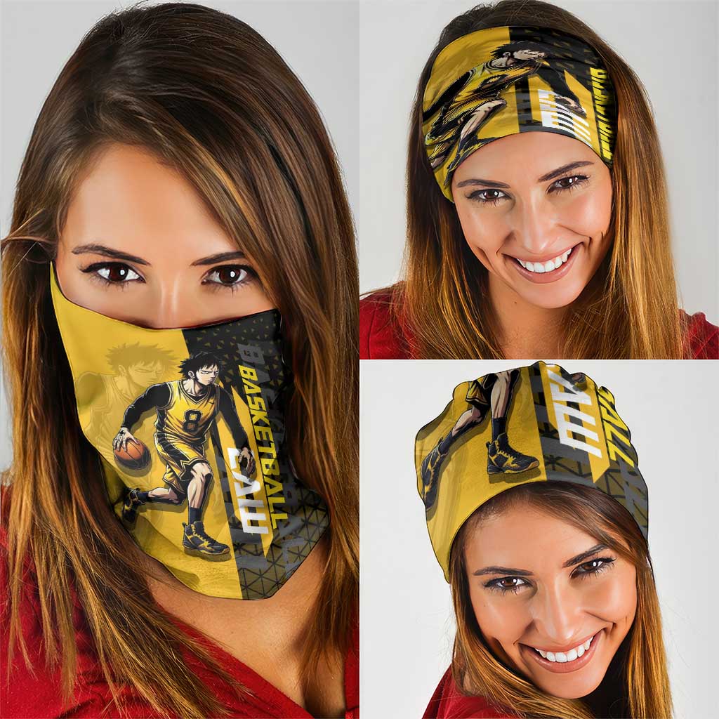 Trafalgar Law One Piece Basketball Theme Yellow and Black Design Neck Gaiter with Heart Pirates Emblem and Action Pose - The Mazicc