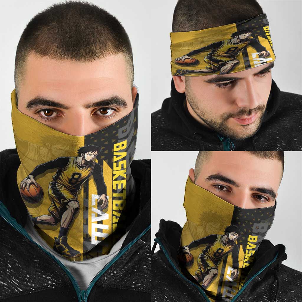 Trafalgar Law One Piece Basketball Theme Yellow and Black Design Neck Gaiter with Heart Pirates Emblem and Action Pose - The Mazicc