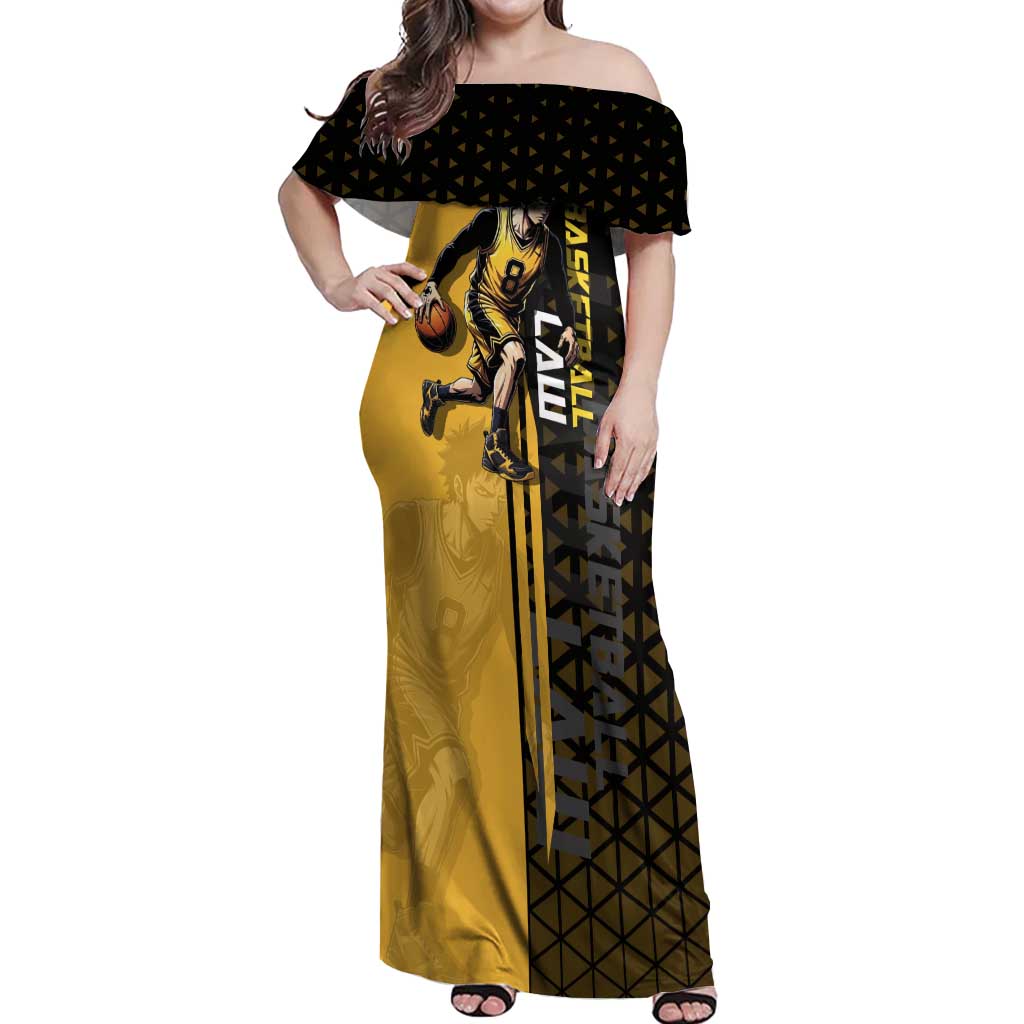 Trafalgar Law One Piece Basketball Theme Yellow and Black Design Off Shoulder Maxi Dress with Heart Pirates Emblem and Action Pose - The Mazicc