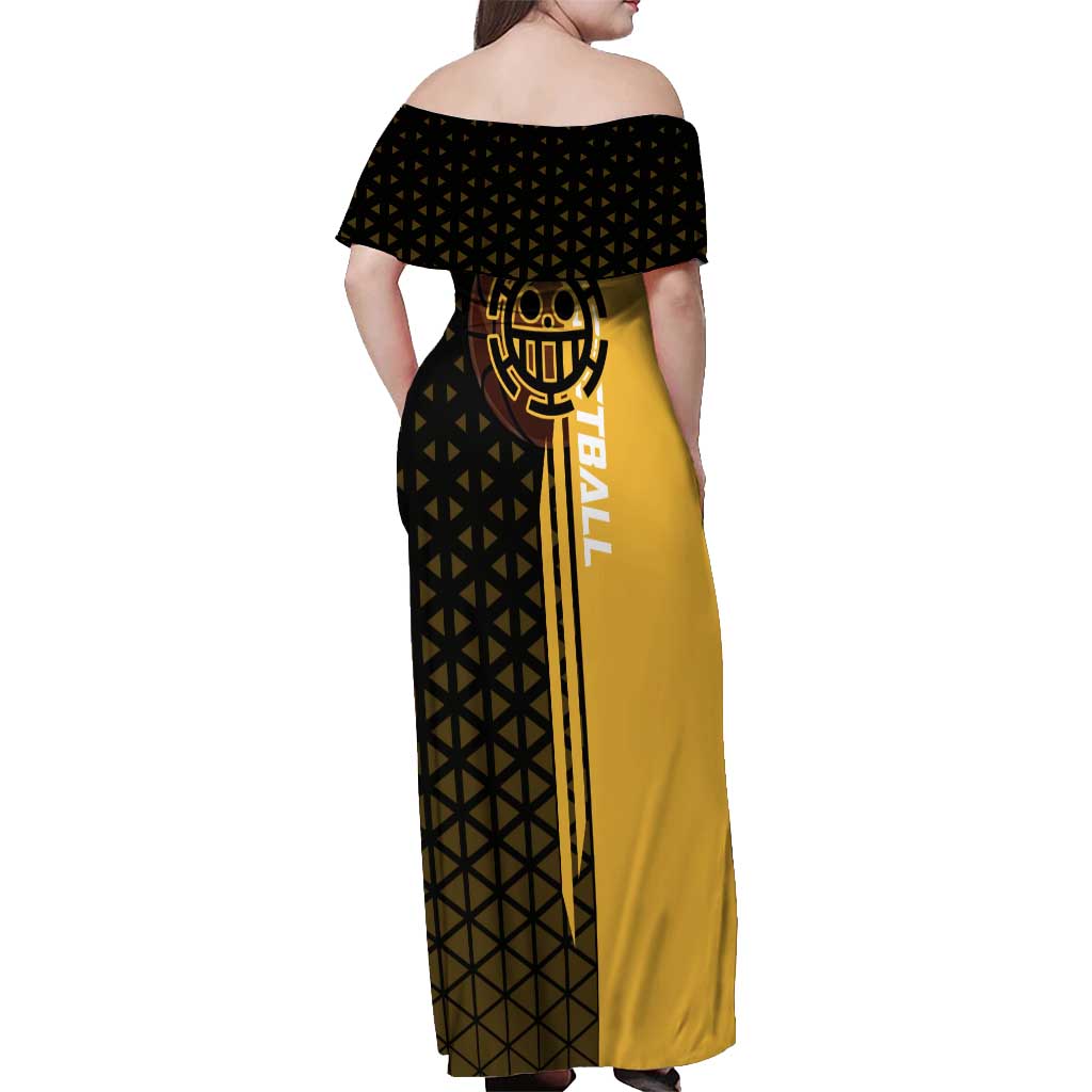 Trafalgar Law One Piece Basketball Theme Yellow and Black Design Off Shoulder Maxi Dress with Heart Pirates Emblem and Action Pose - The Mazicc