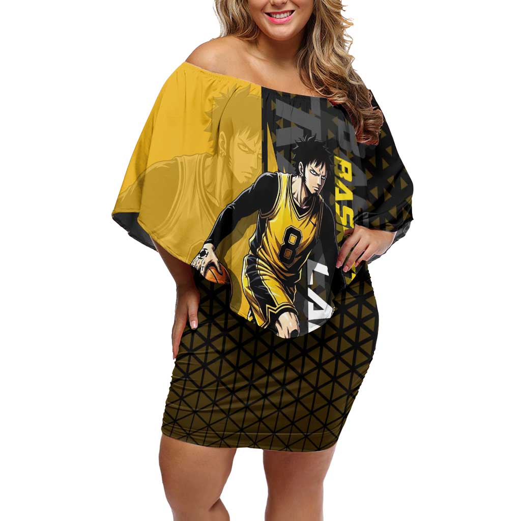 Trafalgar Law One Piece Basketball Theme Yellow and Black Design Off Shoulder Short Dress with Heart Pirates Emblem and Action Pose - The Mazicc