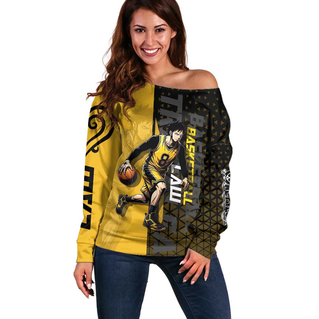 Trafalgar Law One Piece Basketball Theme Yellow and Black Design Off Shoulder Sweater with Heart Pirates Emblem and Action Pose - The Mazicc
