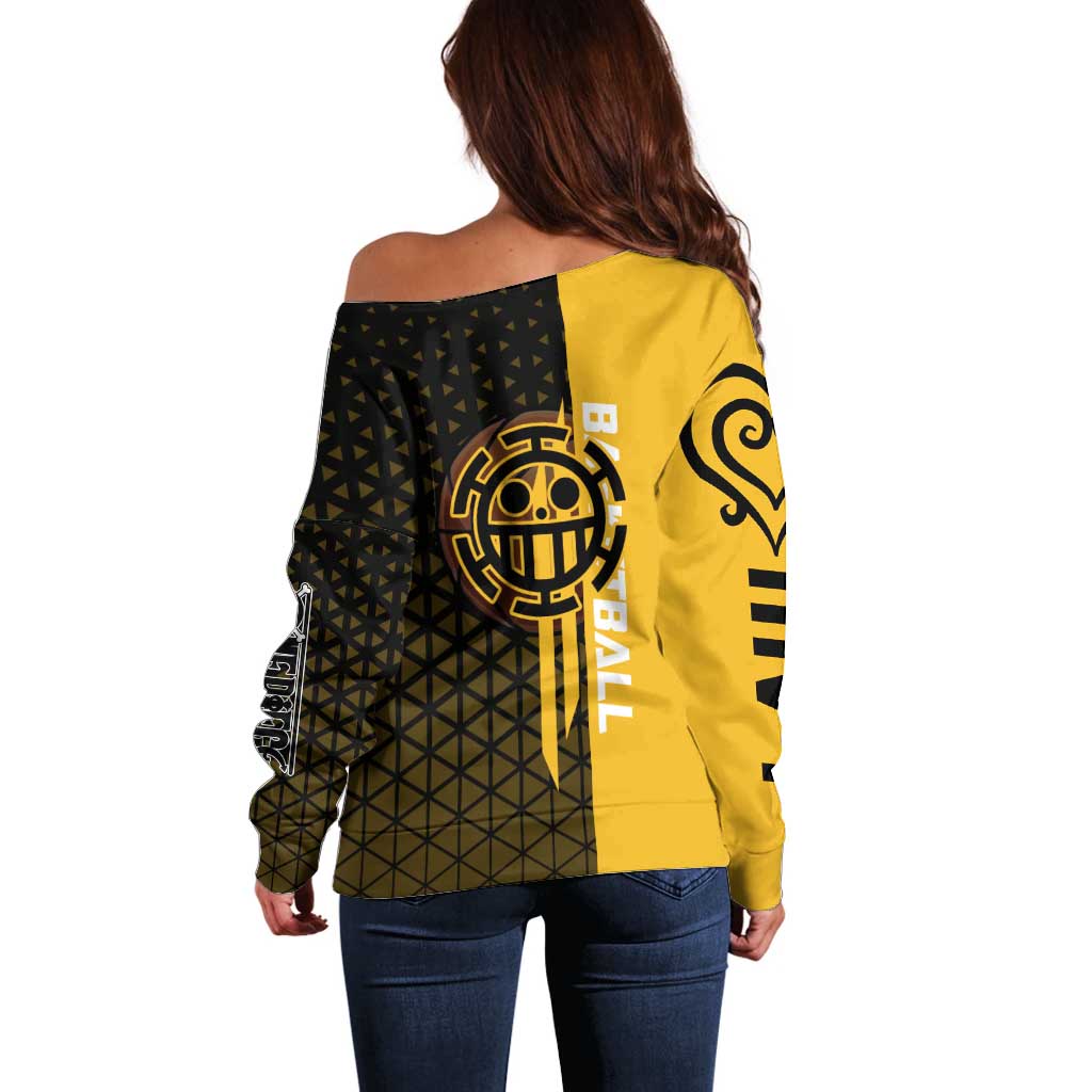 Trafalgar Law One Piece Basketball Theme Yellow and Black Design Off Shoulder Sweater with Heart Pirates Emblem and Action Pose - The Mazicc