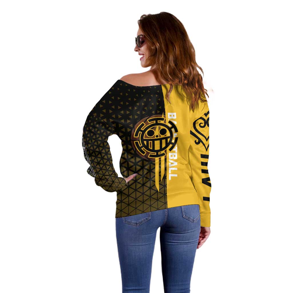 Trafalgar Law One Piece Basketball Theme Yellow and Black Design Off Shoulder Sweater with Heart Pirates Emblem and Action Pose - The Mazicc
