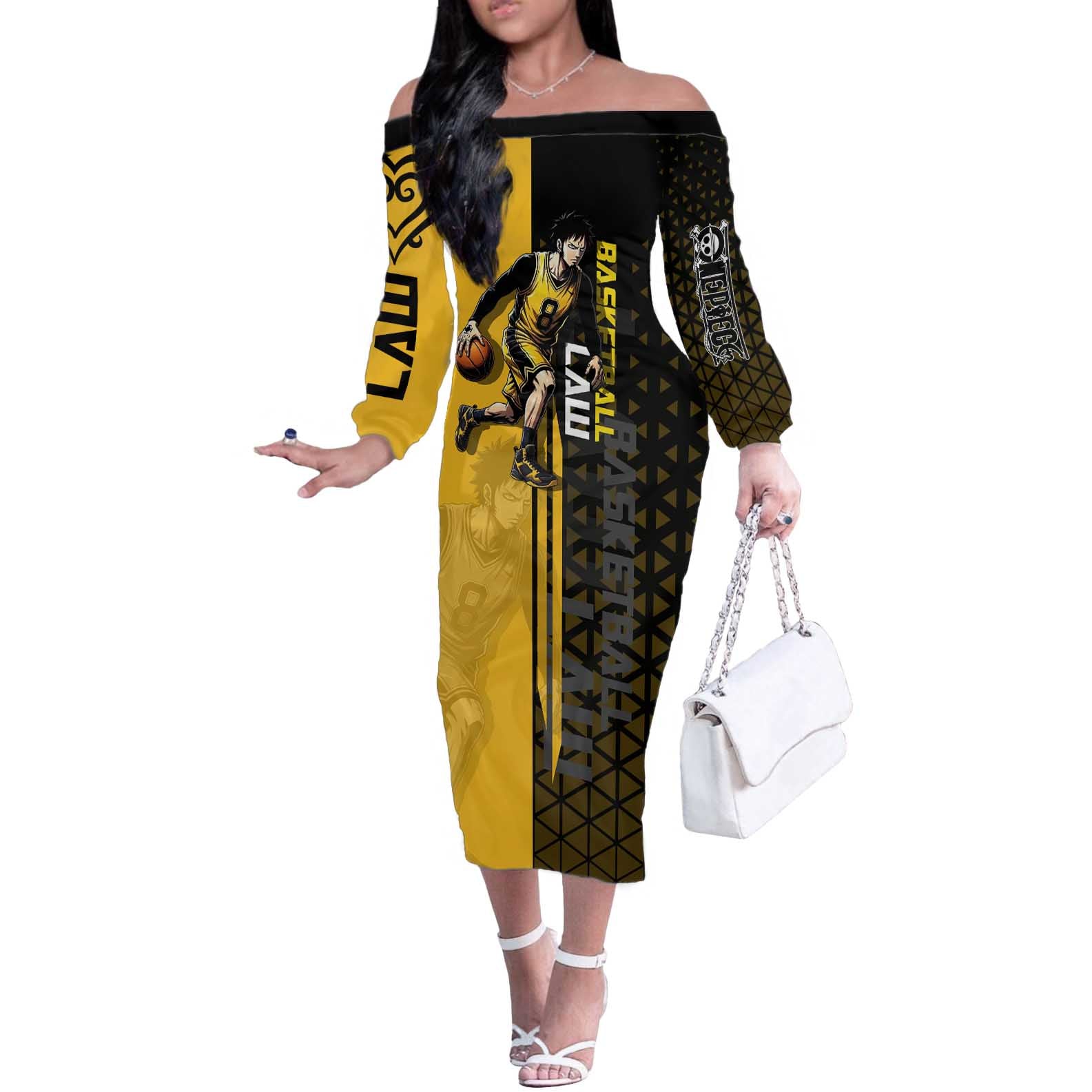 Trafalgar Law One Piece Basketball Theme Yellow and Black Design Off The Shoulder Long Sleeve Dress with Heart Pirates Emblem and Action Pose - The Mazicc