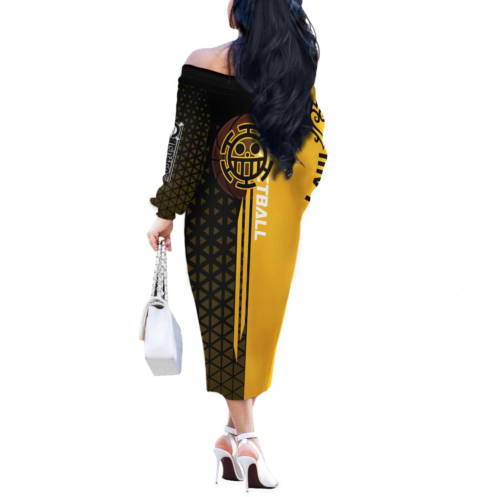 Trafalgar Law One Piece Basketball Theme Yellow and Black Design Off The Shoulder Long Sleeve Dress with Heart Pirates Emblem and Action Pose - The Mazicc