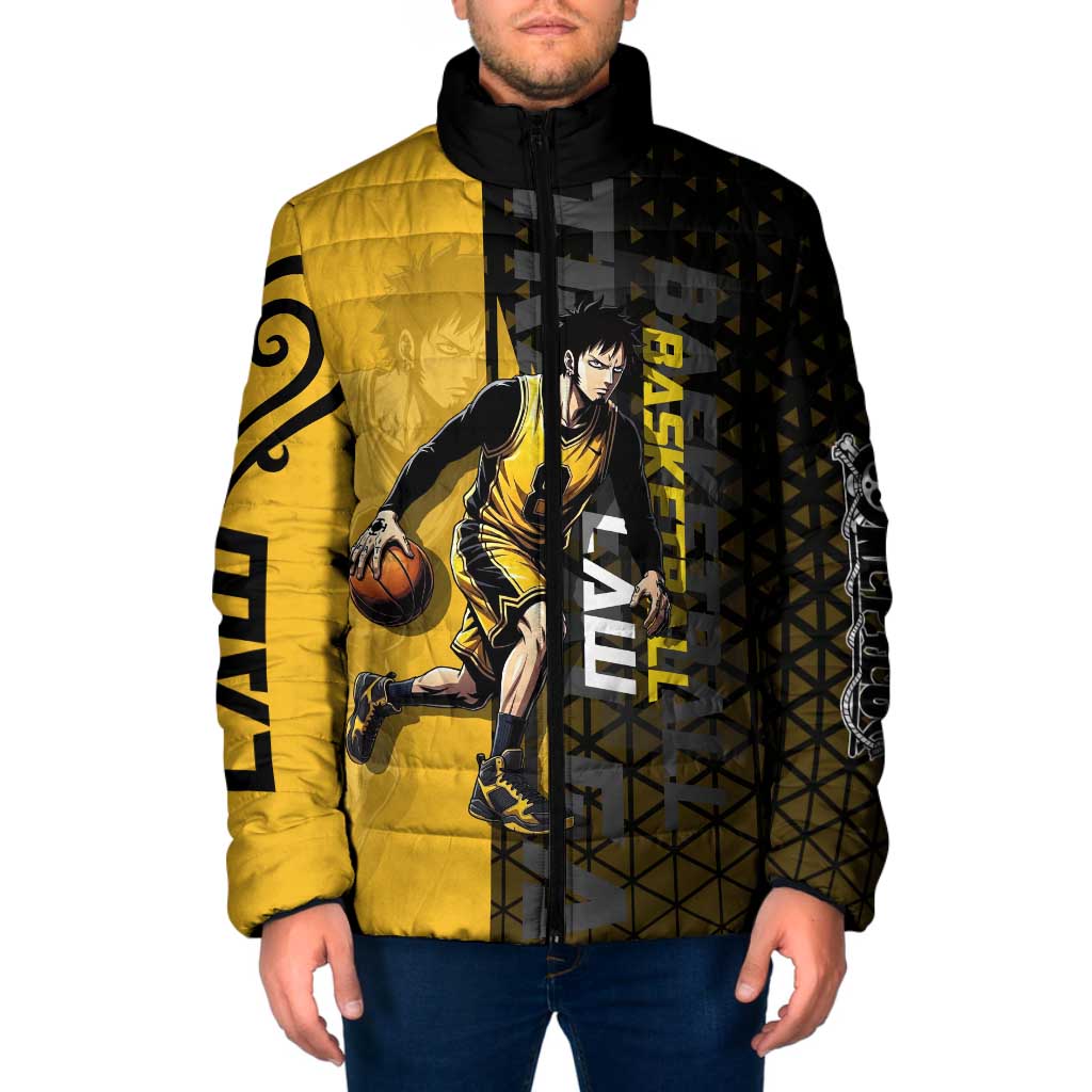 Trafalgar Law One Piece Basketball Theme Yellow and Black Design Padded Jacket with Heart Pirates Emblem and Action Pose - The Mazicc