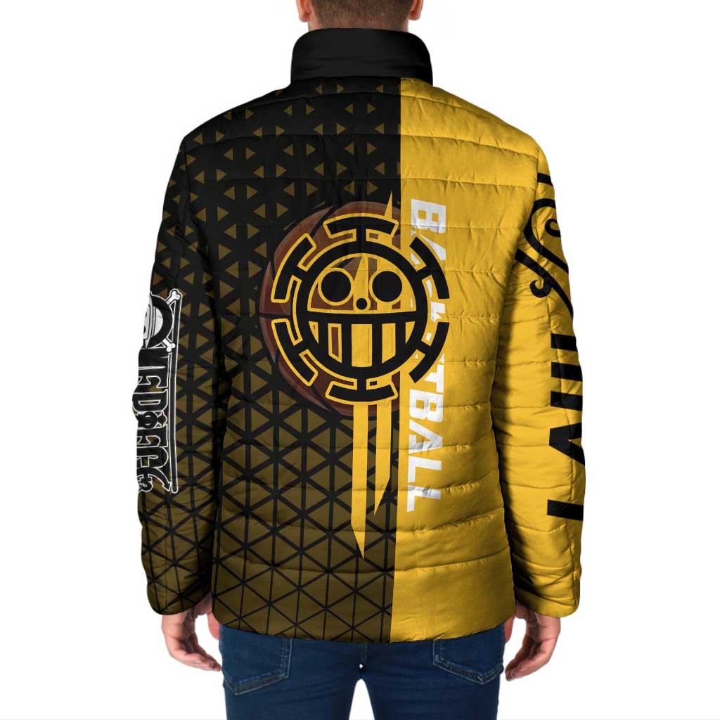 Trafalgar Law One Piece Basketball Theme Yellow and Black Design Padded Jacket with Heart Pirates Emblem and Action Pose - The Mazicc