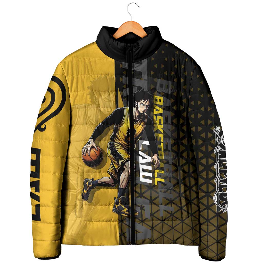 Trafalgar Law One Piece Basketball Theme Yellow and Black Design Padded Jacket with Heart Pirates Emblem and Action Pose - The Mazicc