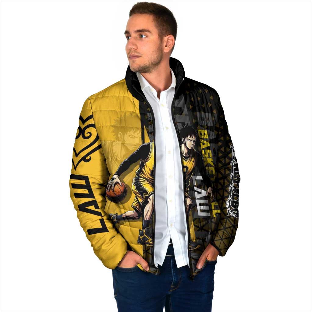 Trafalgar Law One Piece Basketball Theme Yellow and Black Design Padded Jacket with Heart Pirates Emblem and Action Pose - The Mazicc