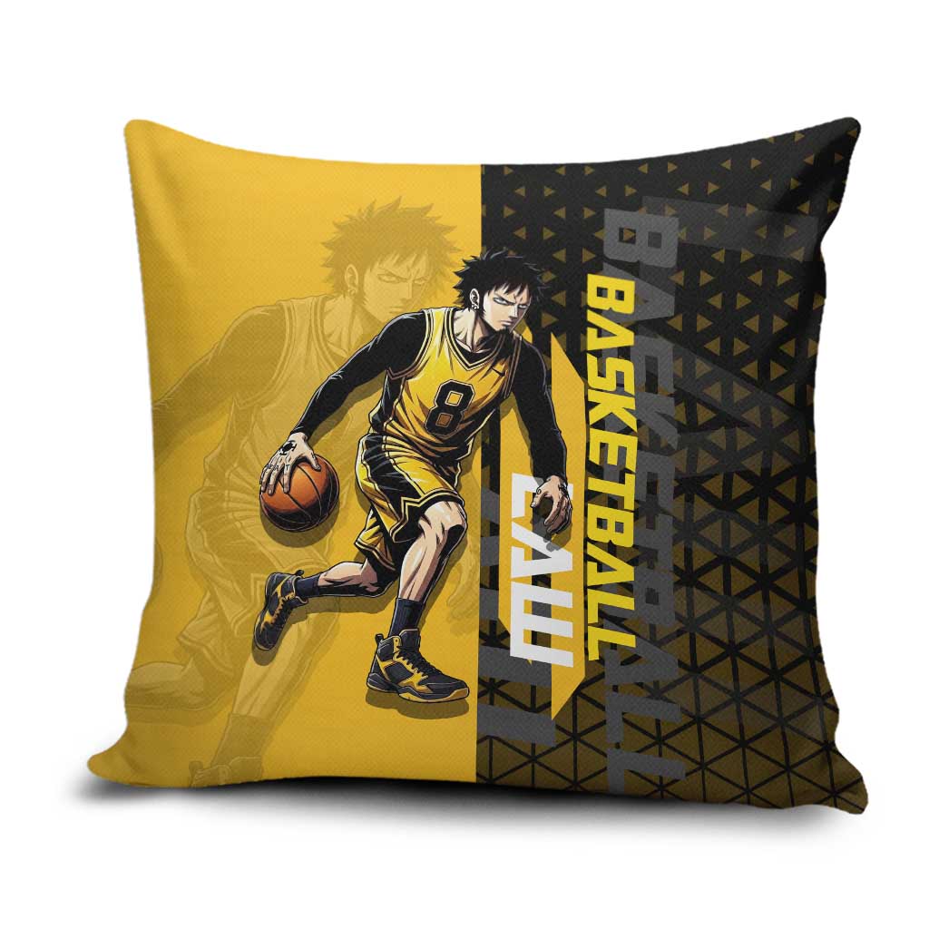 Trafalgar Law One Piece Basketball Theme Yellow and Black Design Pillow Cover with Heart Pirates Emblem and Action Pose - The Mazicc