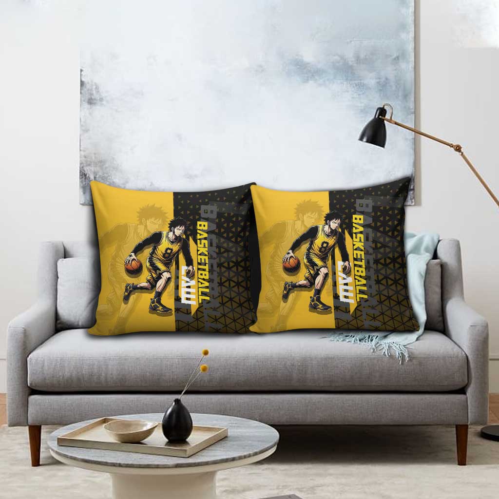 Trafalgar Law One Piece Basketball Theme Yellow and Black Design Pillow Cover with Heart Pirates Emblem and Action Pose - The Mazicc