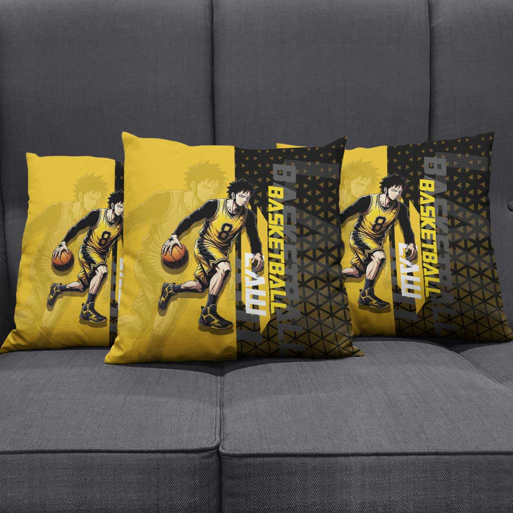 Trafalgar Law One Piece Basketball Theme Yellow and Black Design Pillow Cover with Heart Pirates Emblem and Action Pose - The Mazicc