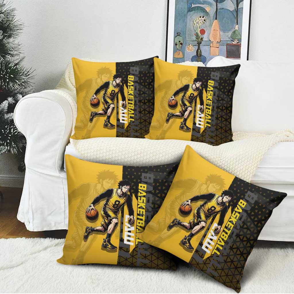 Trafalgar Law One Piece Basketball Theme Yellow and Black Design Pillow Cover with Heart Pirates Emblem and Action Pose - The Mazicc