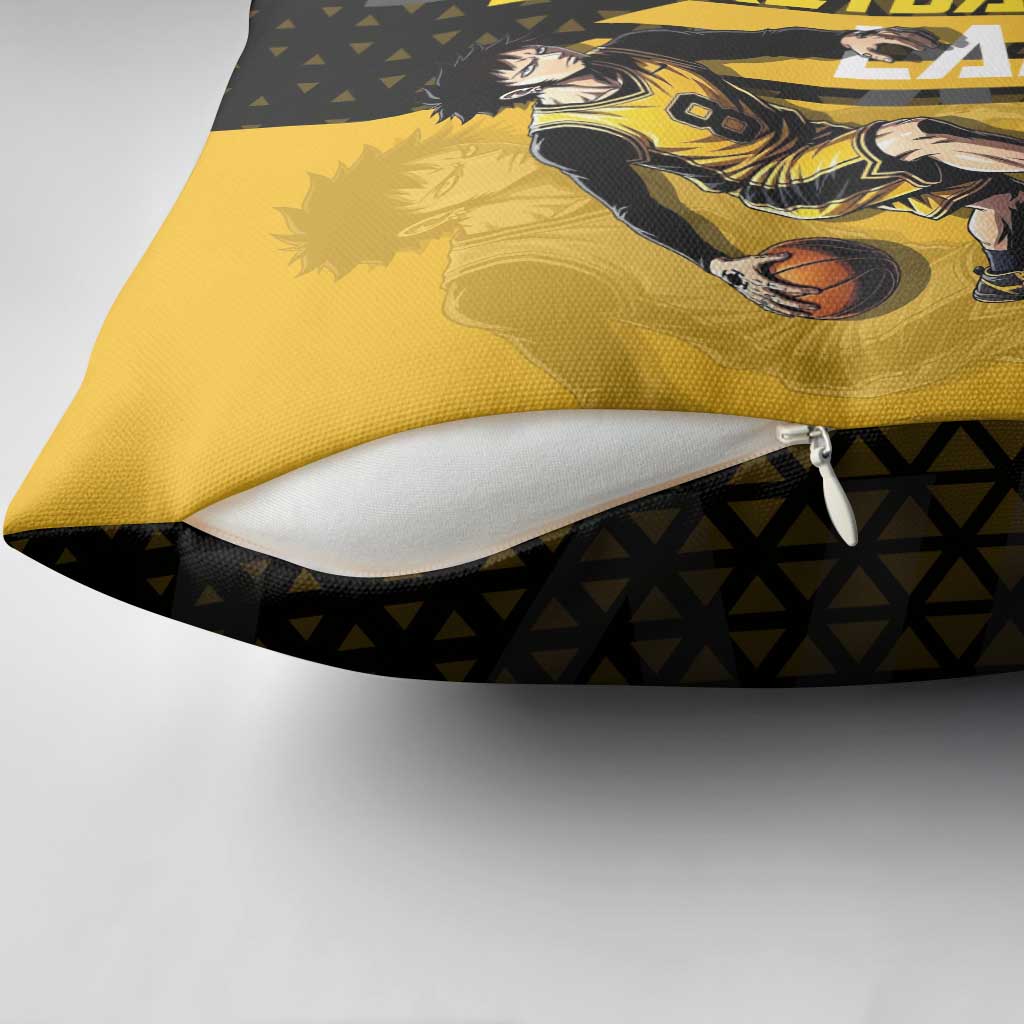Trafalgar Law One Piece Basketball Theme Yellow and Black Design Pillow Cover with Heart Pirates Emblem and Action Pose - The Mazicc