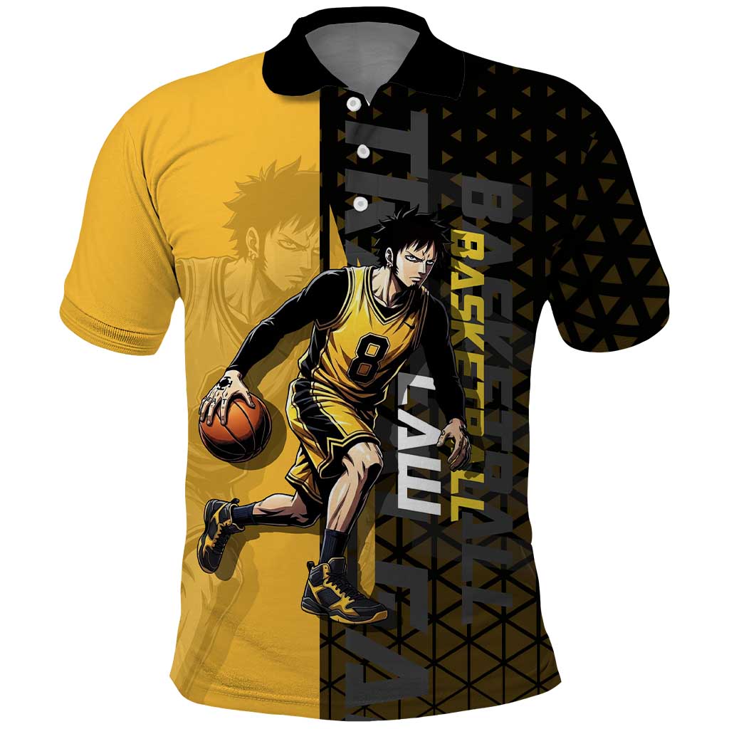 Trafalgar Law One Piece Basketball Theme Yellow and Black Design Polo Shirt with Heart Pirates Emblem and Action Pose - The Mazicc