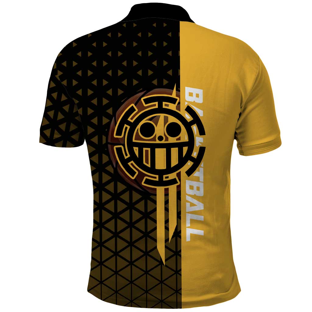 Trafalgar Law One Piece Basketball Theme Yellow and Black Design Polo Shirt with Heart Pirates Emblem and Action Pose - The Mazicc