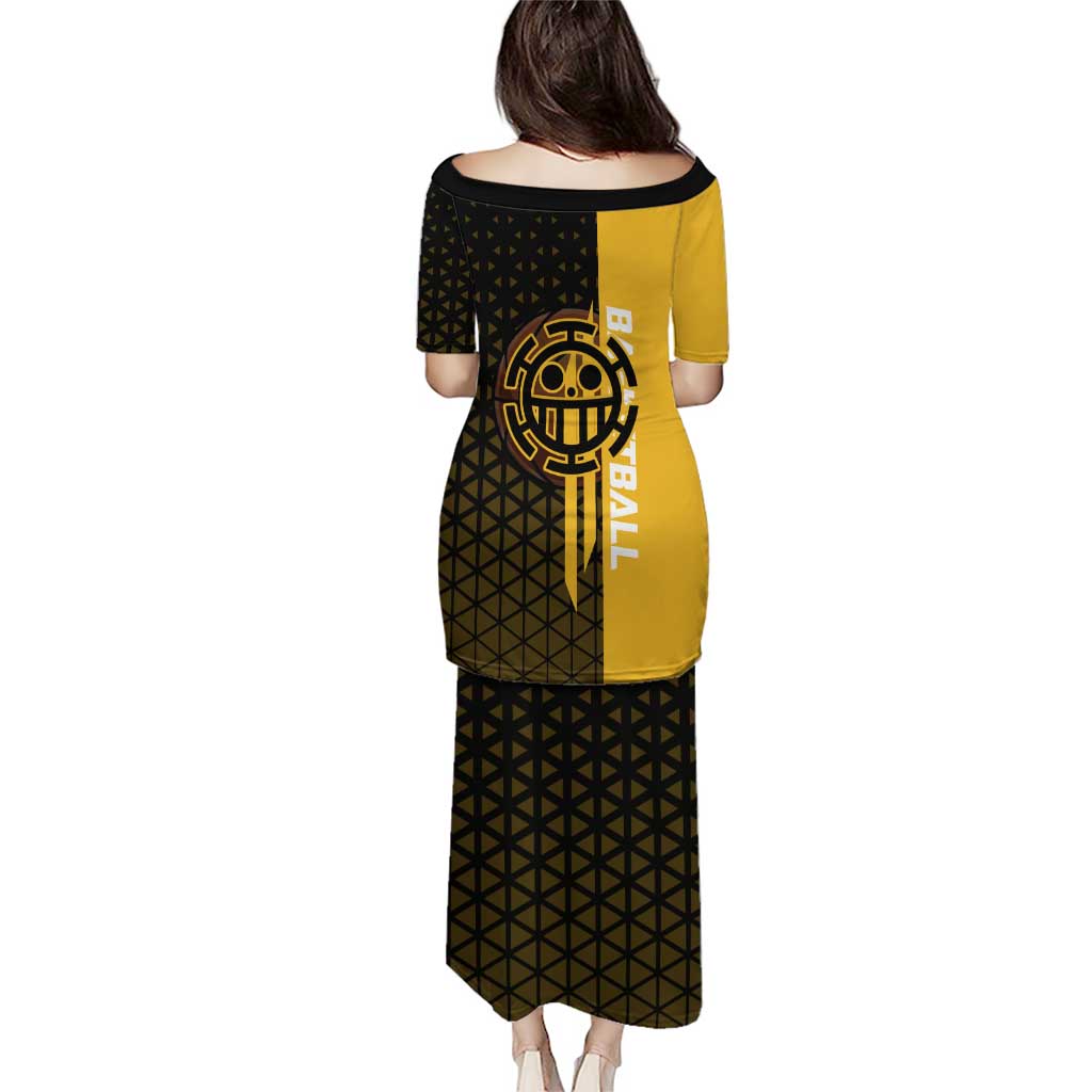 Trafalgar Law One Piece Basketball Theme Yellow and Black Design Puletasi with Heart Pirates Emblem and Action Pose - The Mazicc
