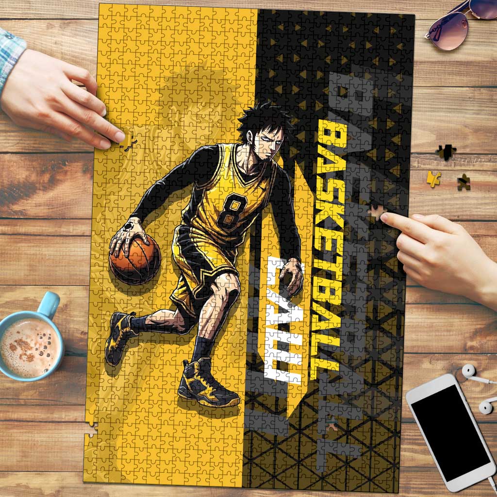 Trafalgar Law One Piece Basketball Theme Yellow and Black Design Puzzle with Heart Pirates Emblem and Action Pose - The Mazicc