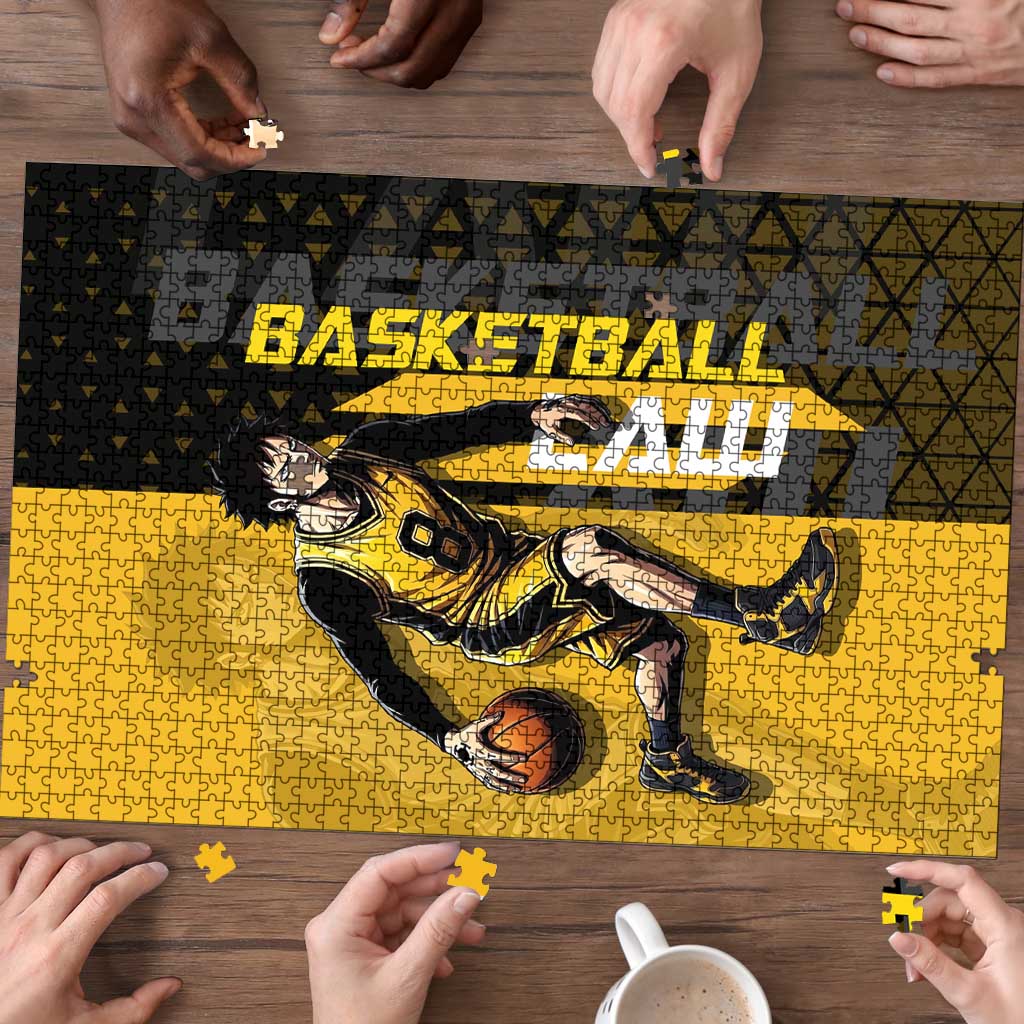 Trafalgar Law One Piece Basketball Theme Yellow and Black Design Puzzle with Heart Pirates Emblem and Action Pose - The Mazicc