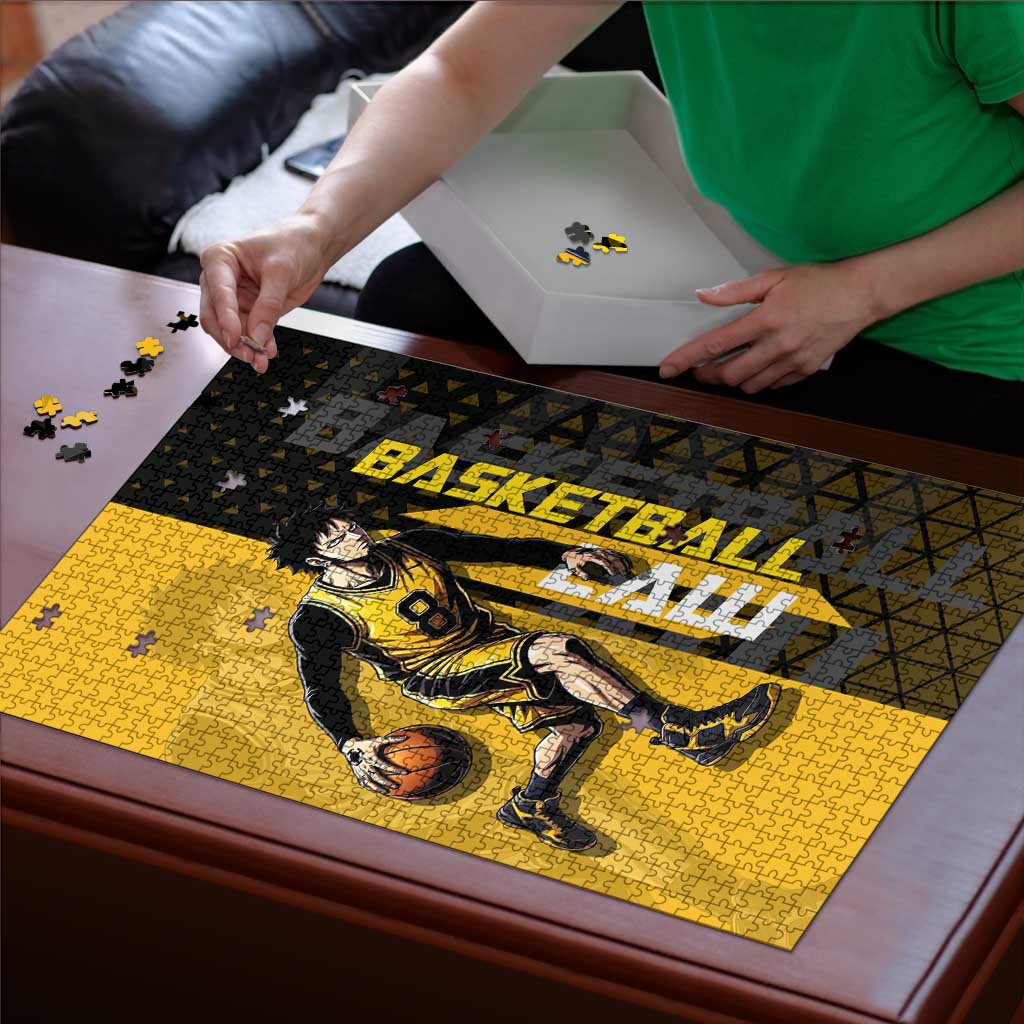 Trafalgar Law One Piece Basketball Theme Yellow and Black Design Puzzle with Heart Pirates Emblem and Action Pose - The Mazicc