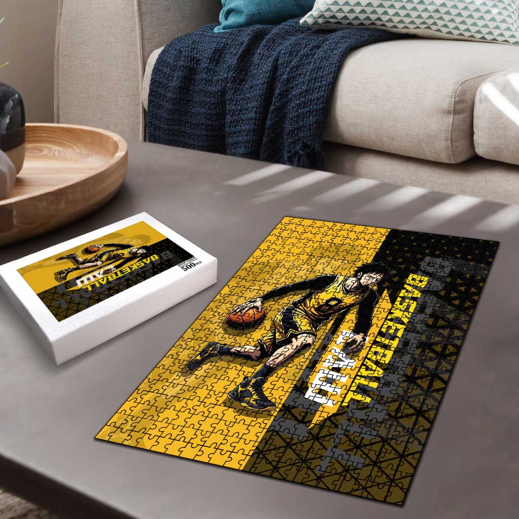 Trafalgar Law One Piece Basketball Theme Yellow and Black Design Puzzle with Heart Pirates Emblem and Action Pose - The Mazicc