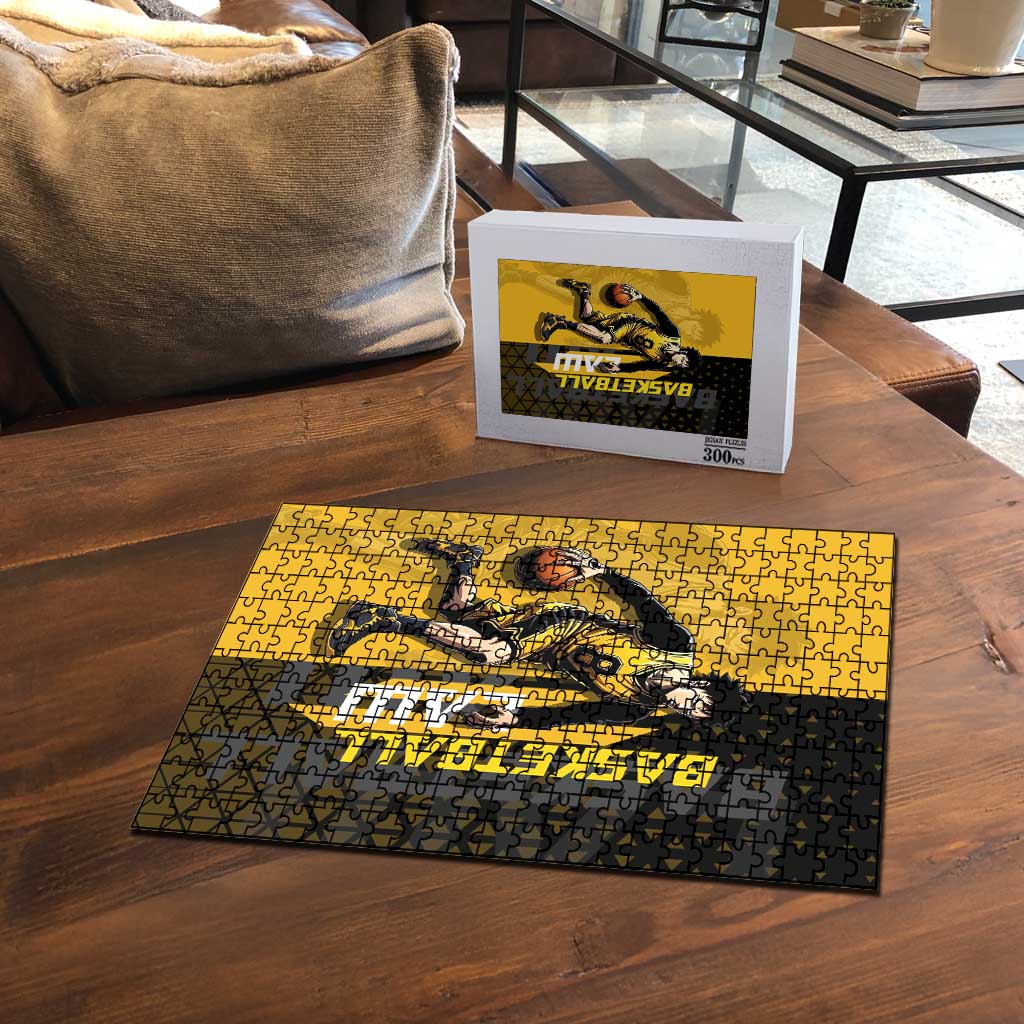Trafalgar Law One Piece Basketball Theme Yellow and Black Design Puzzle with Heart Pirates Emblem and Action Pose - The Mazicc