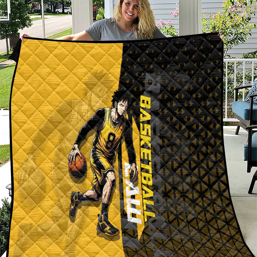 Trafalgar Law One Piece Basketball Theme Yellow and Black Design Quilt with Heart Pirates Emblem and Action Pose - The Mazicc