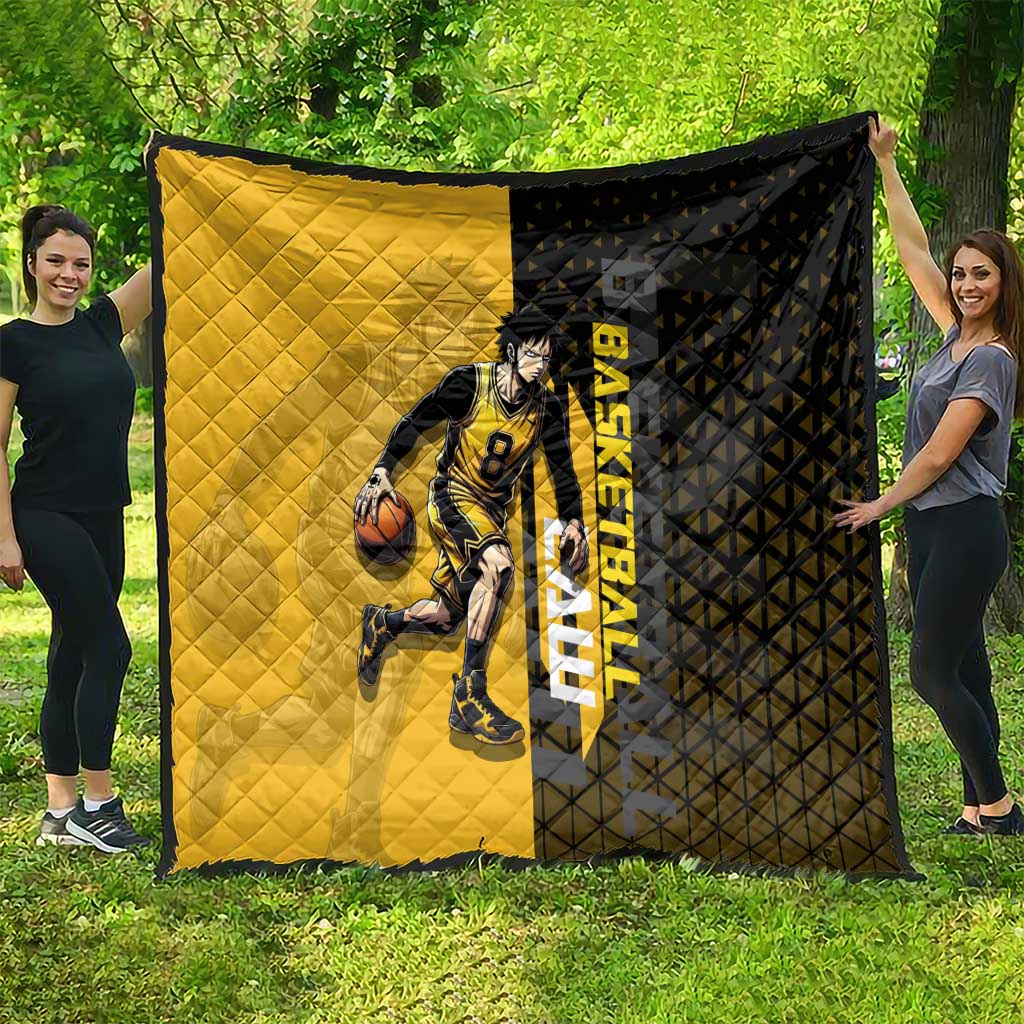 Trafalgar Law One Piece Basketball Theme Yellow and Black Design Quilt with Heart Pirates Emblem and Action Pose - The Mazicc