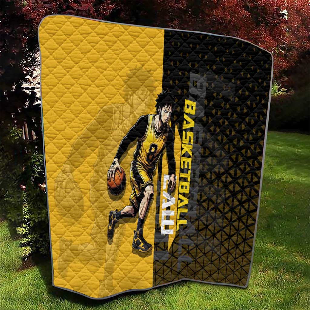 Trafalgar Law One Piece Basketball Theme Yellow and Black Design Quilt with Heart Pirates Emblem and Action Pose - The Mazicc