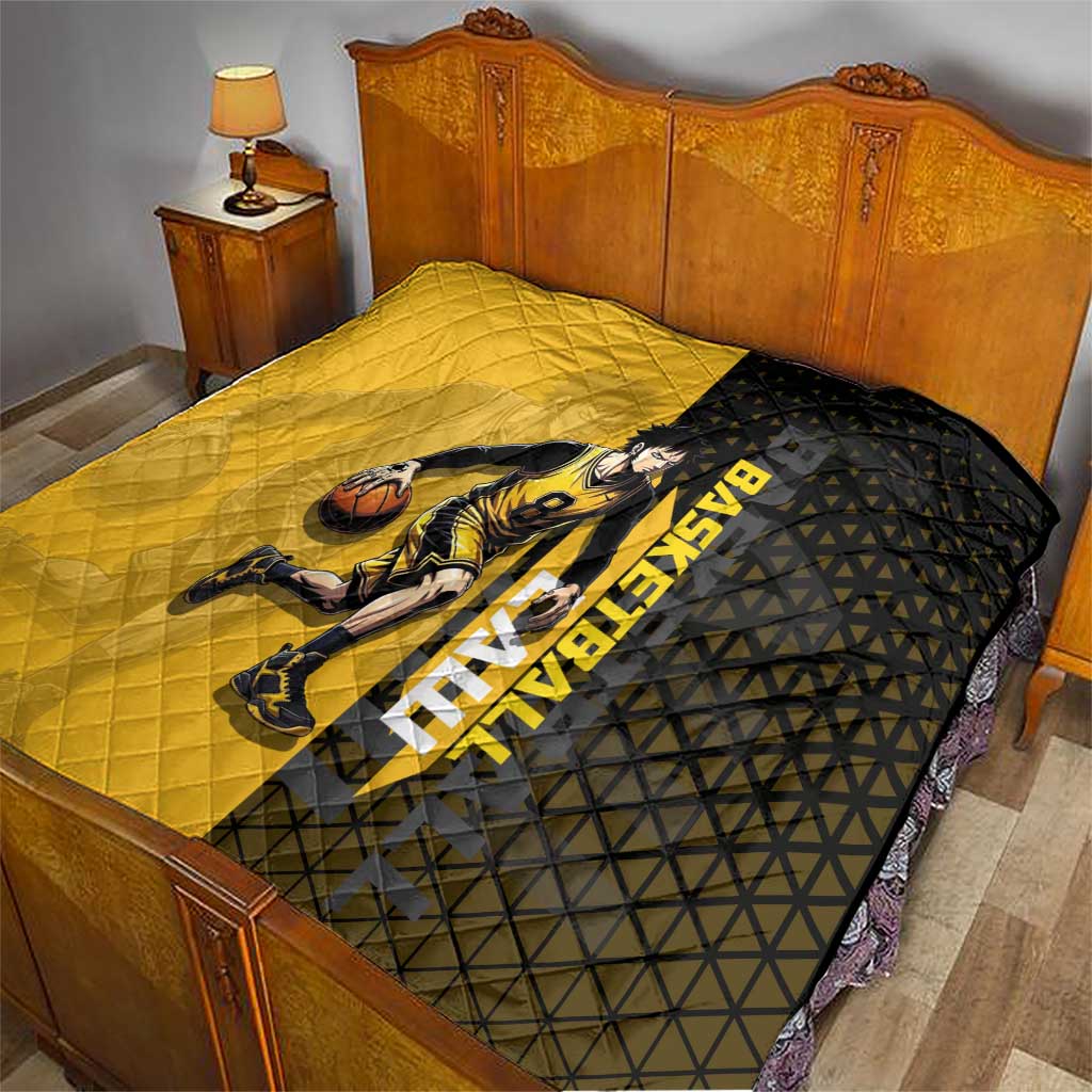 Trafalgar Law One Piece Basketball Theme Yellow and Black Design Quilt with Heart Pirates Emblem and Action Pose - The Mazicc