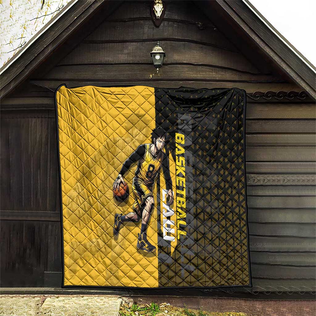 Trafalgar Law One Piece Basketball Theme Yellow and Black Design Quilt with Heart Pirates Emblem and Action Pose - The Mazicc