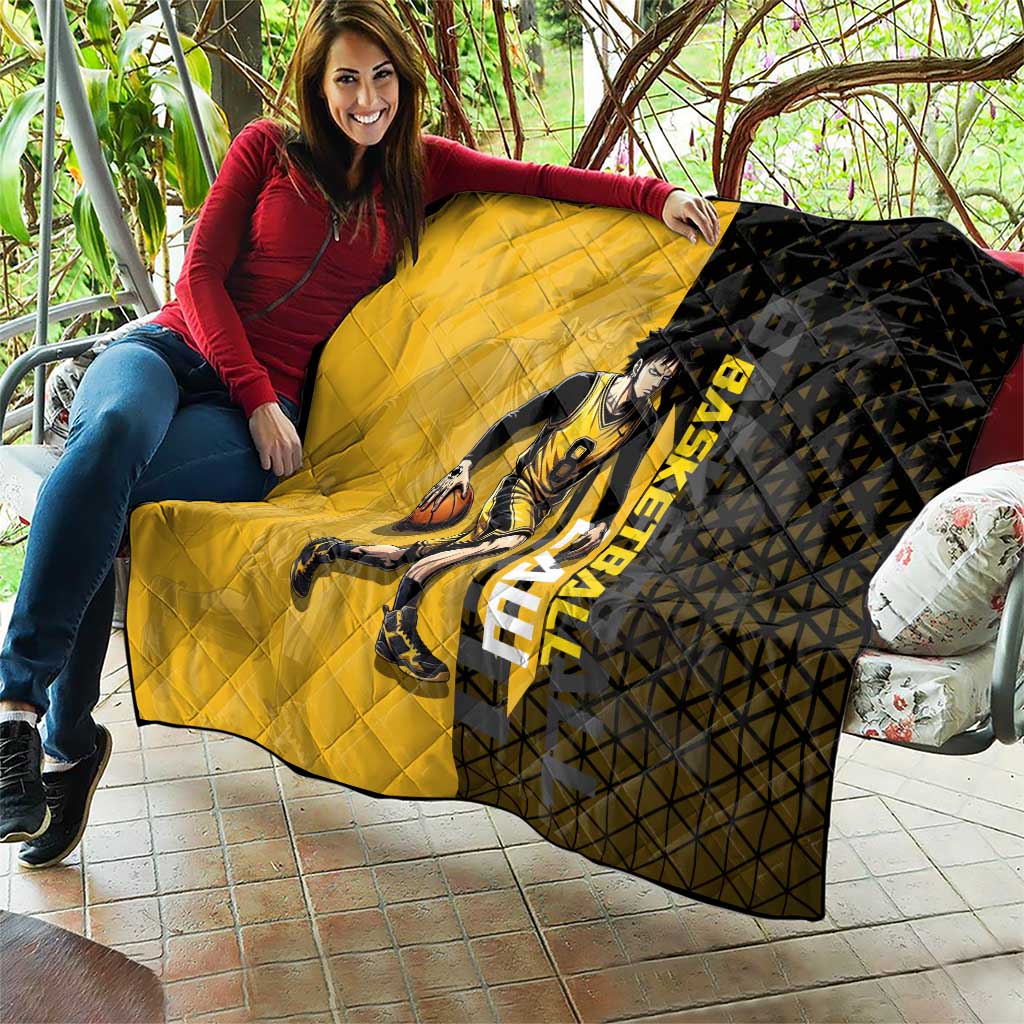 Trafalgar Law One Piece Basketball Theme Yellow and Black Design Quilt with Heart Pirates Emblem and Action Pose - The Mazicc