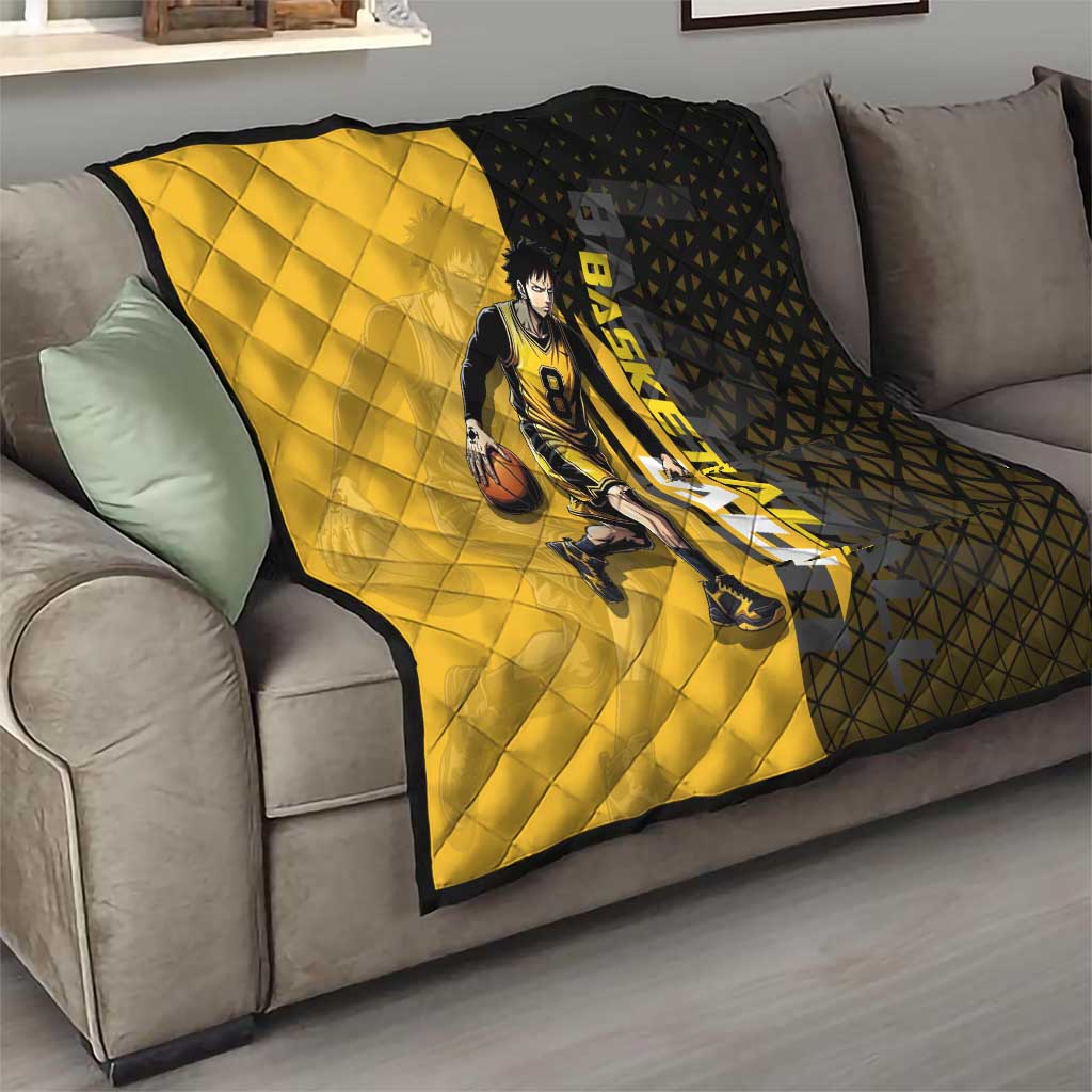 Trafalgar Law One Piece Basketball Theme Yellow and Black Design Quilt with Heart Pirates Emblem and Action Pose - The Mazicc