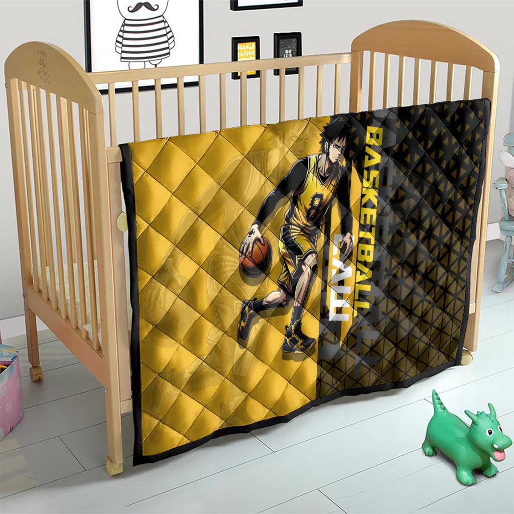 Trafalgar Law One Piece Basketball Theme Yellow and Black Design Quilt with Heart Pirates Emblem and Action Pose - The Mazicc