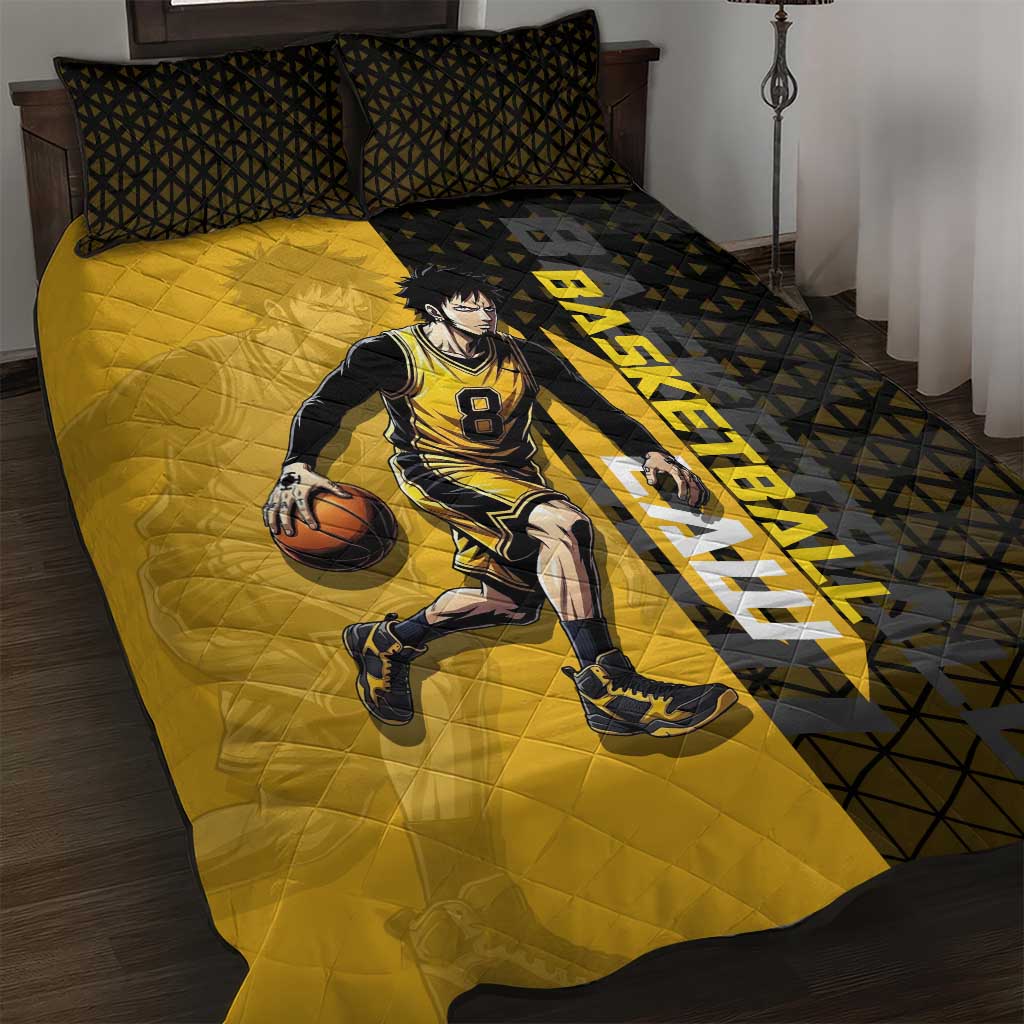 Trafalgar Law One Piece Basketball Theme Yellow and Black Design Quilt Bed Set with Heart Pirates Emblem and Action Pose - The Mazicc