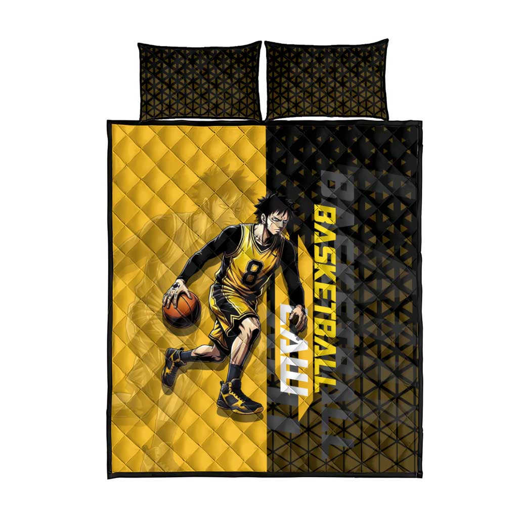Trafalgar Law One Piece Basketball Theme Yellow and Black Design Quilt Bed Set with Heart Pirates Emblem and Action Pose - The Mazicc