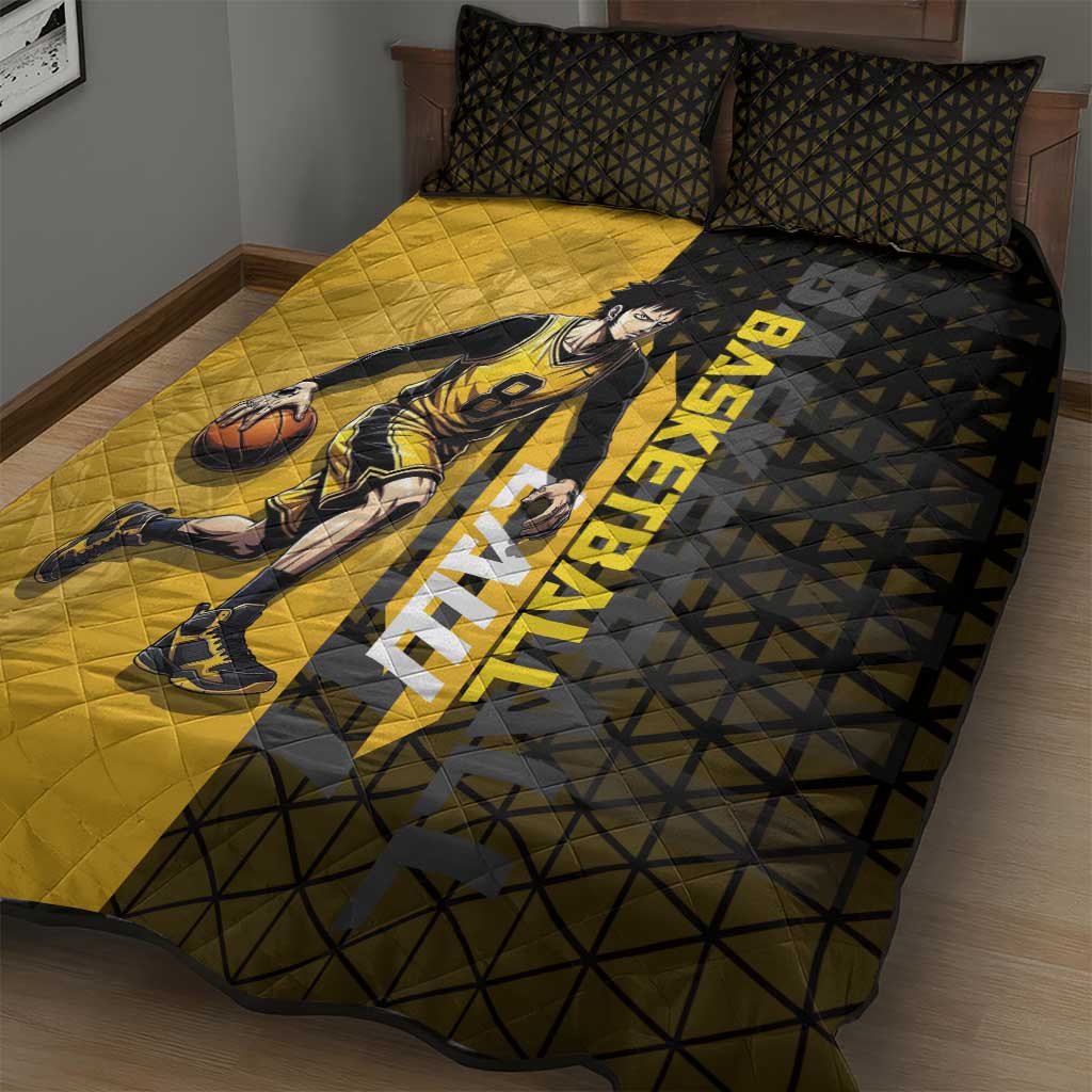 Trafalgar Law One Piece Basketball Theme Yellow and Black Design Quilt Bed Set with Heart Pirates Emblem and Action Pose - The Mazicc