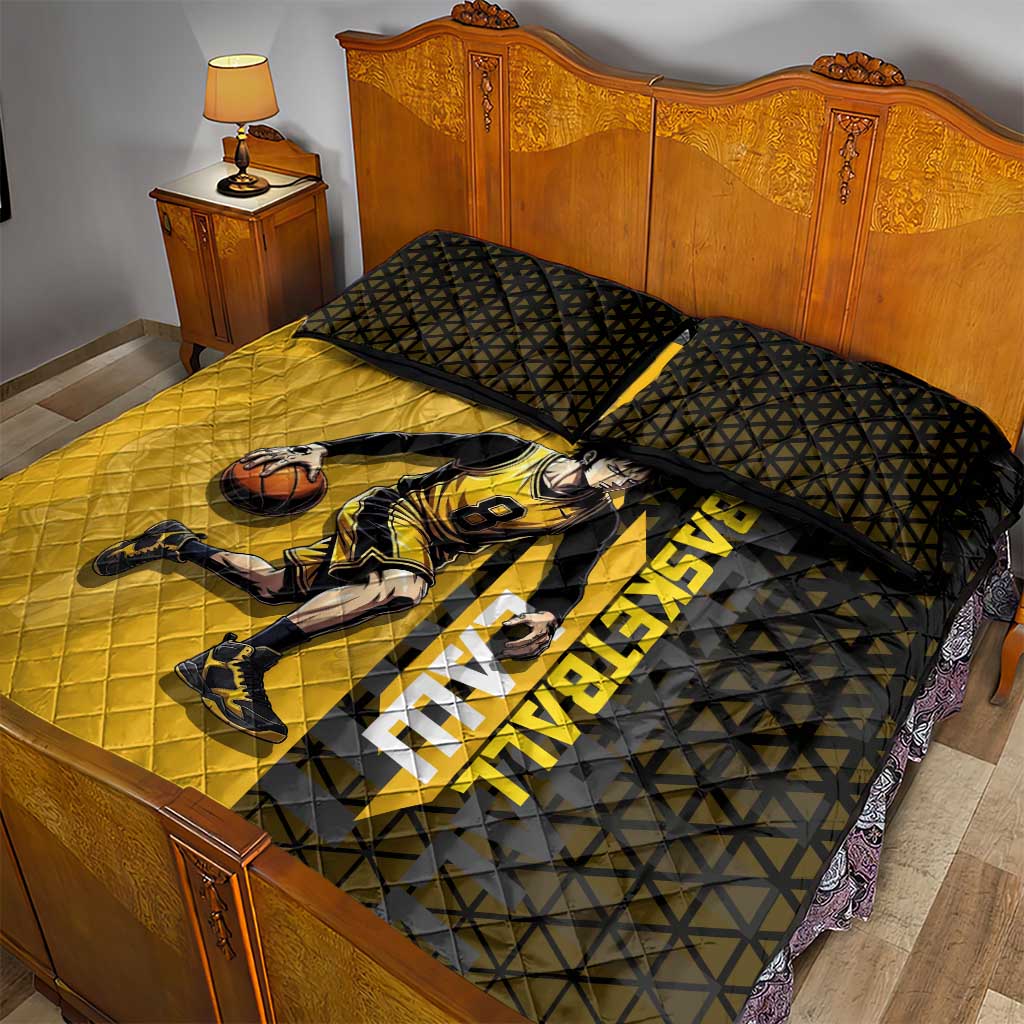 Trafalgar Law One Piece Basketball Theme Yellow and Black Design Quilt Bed Set with Heart Pirates Emblem and Action Pose - The Mazicc